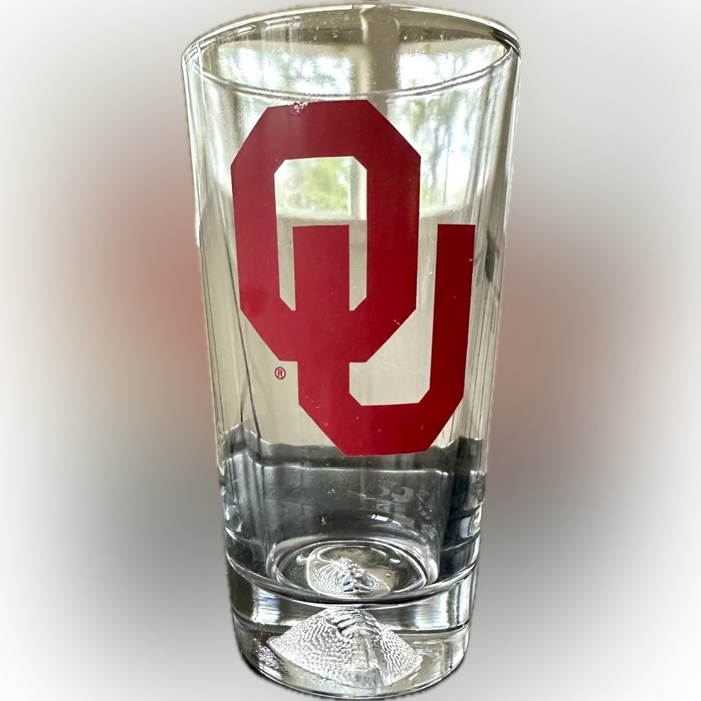 OU OKLAHOMA UNIVERSITY FOOTBALL IMPRINT HEAVY GLASS TUMBLER CLEAR RED 16oz BEER - Picture 6 of 10